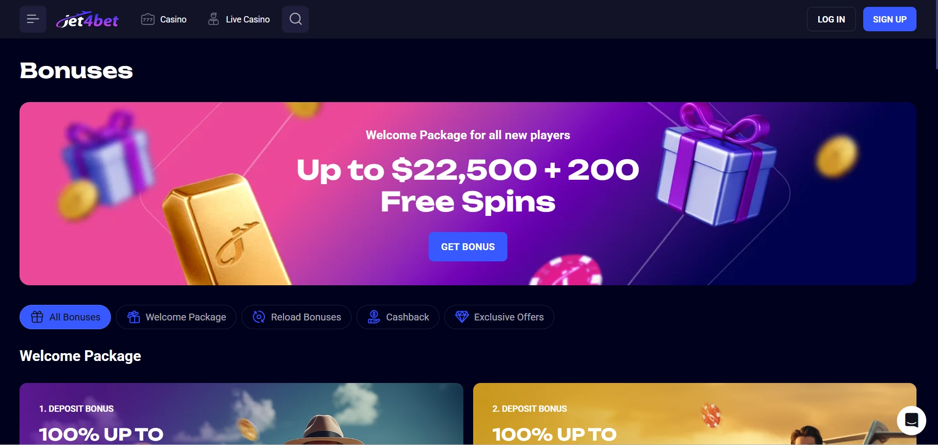 Jet4bet bonus section screenshot