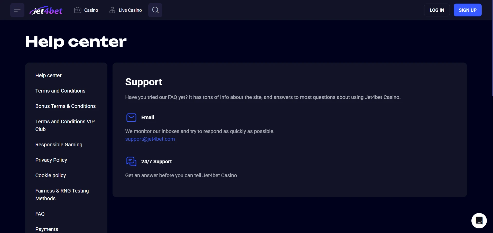 Jet4bet support contact options