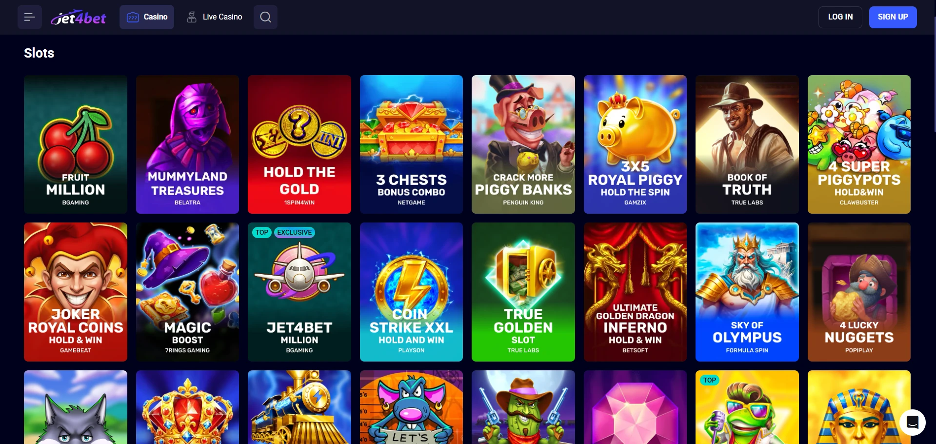 Jet4bet game lobby screenshot with game icons