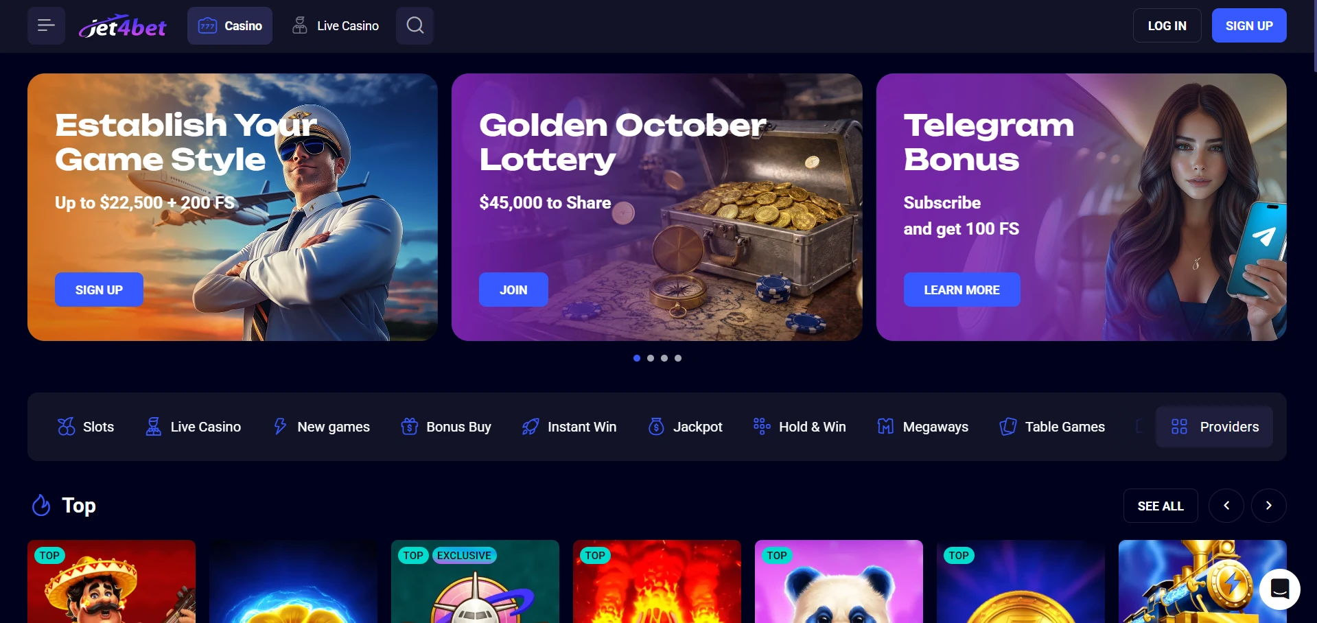 Screenshot of the Jet4bet casino home page